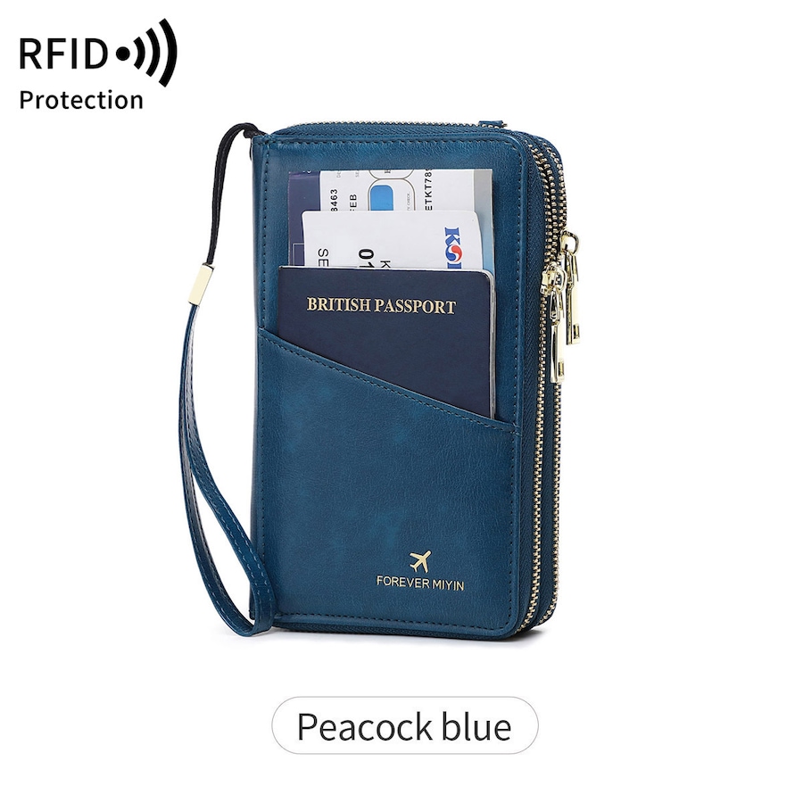 Peacock Blue RFID Blocking Passport Wallet - Multi-Function Travel Organizer with Double Zipper and Crossbody Strap