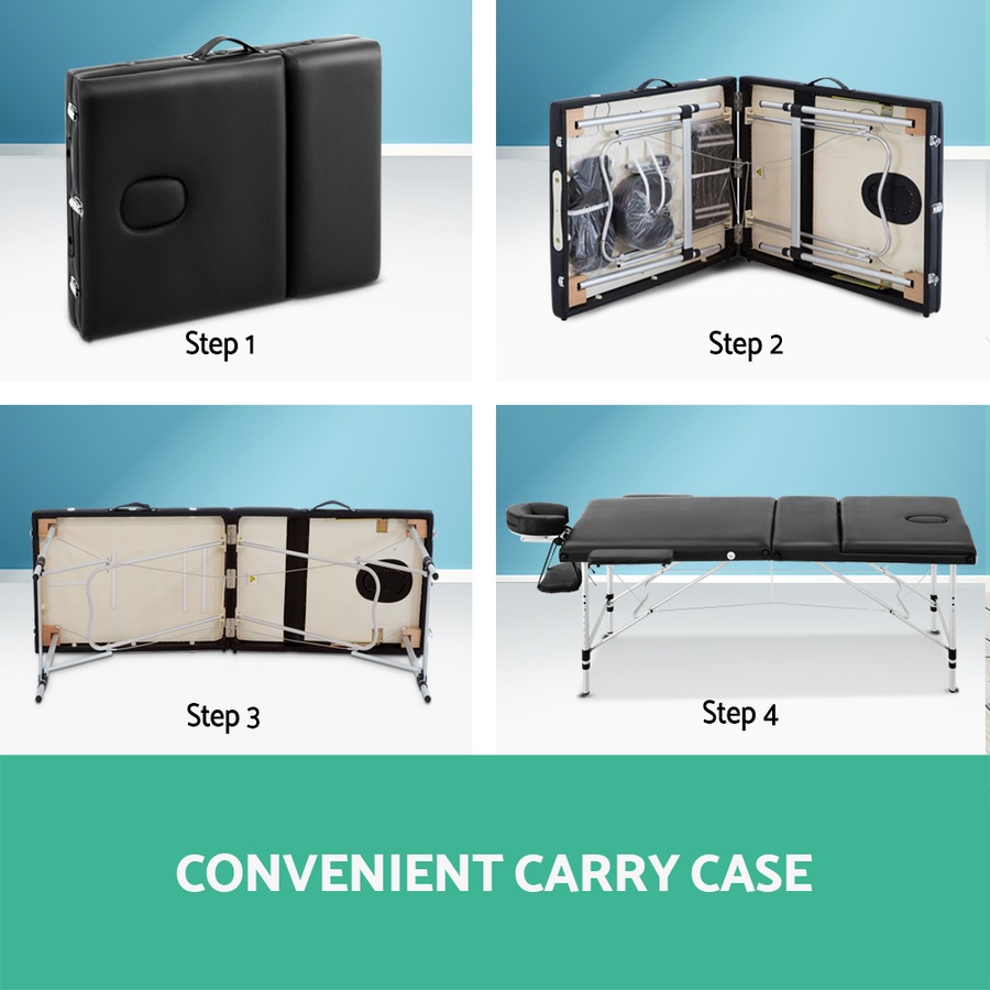 3 Fold Zenses Massage Table Beauty Bed 60cm Portable Black