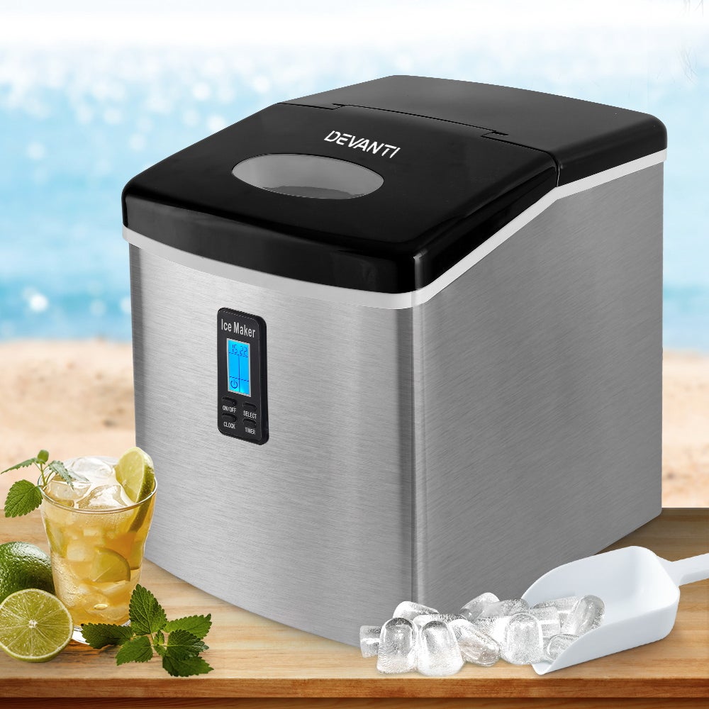 Devanti 3.2L Ice Maker Portable Stainless Steel Ice Cube Machine - Silver