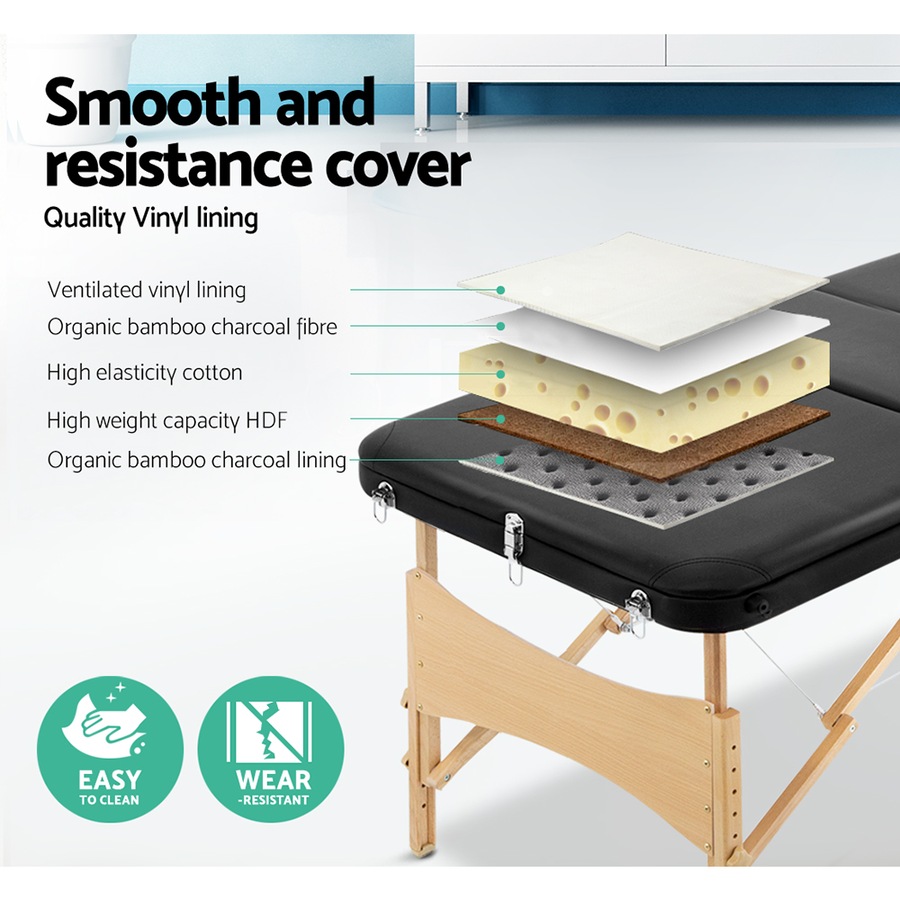 3 Fold Zenses Massage Table Beauty Bed 70cm Portable Black