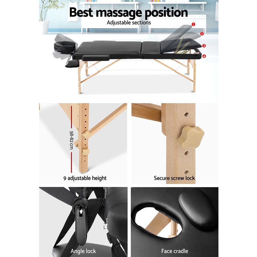 3 Fold Zenses Massage Table Beauty Bed 70cm Portable Black