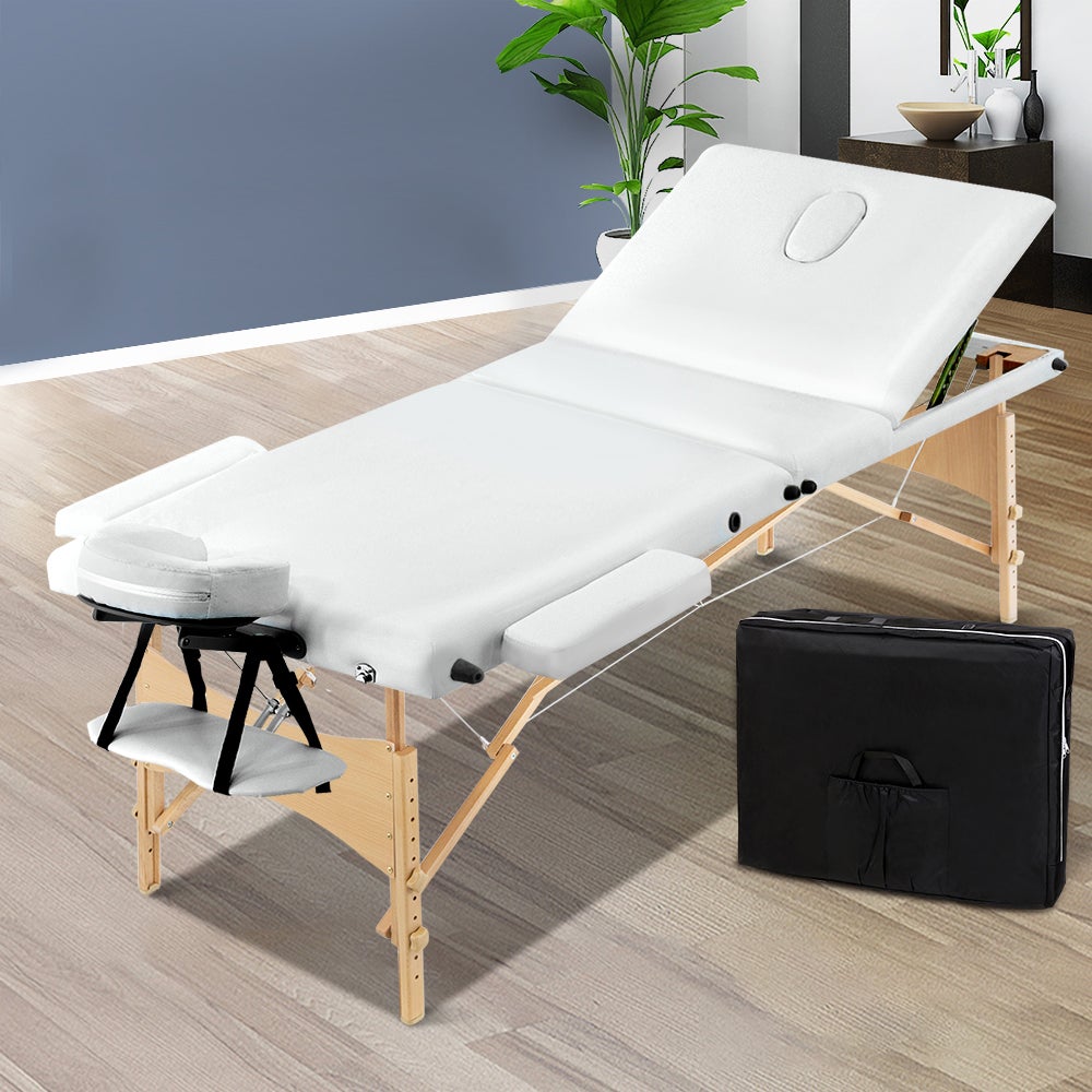 Zenses Massage Table 70cm Portable 3 Fold Wooden Beauty Bed White
