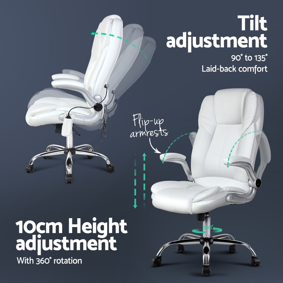 Artiss 8 -Point Massage Office Chair Executive Computer Gaming Chairs White PU Leather