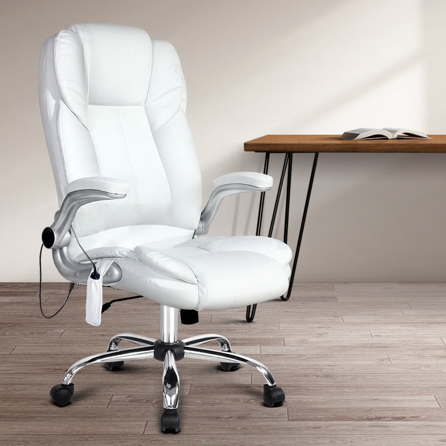 Artiss 8 -Point Massage Office Chair Executive Computer Gaming Chairs White PU Leather