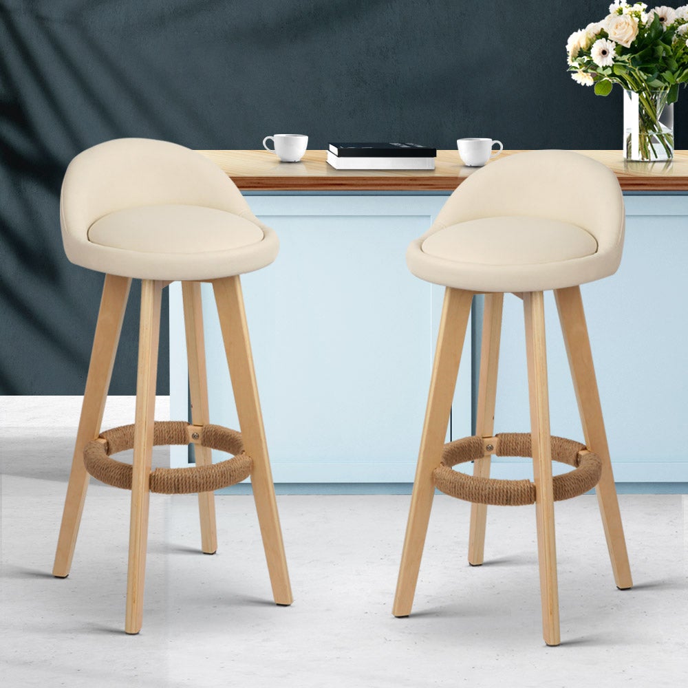 Artiss 2x Bar Stools Padded Leather Wooden Beige