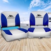 2X Seamanship Folding Boat Seats Marine Swivel Low Back 13cm Padding Grey Blue