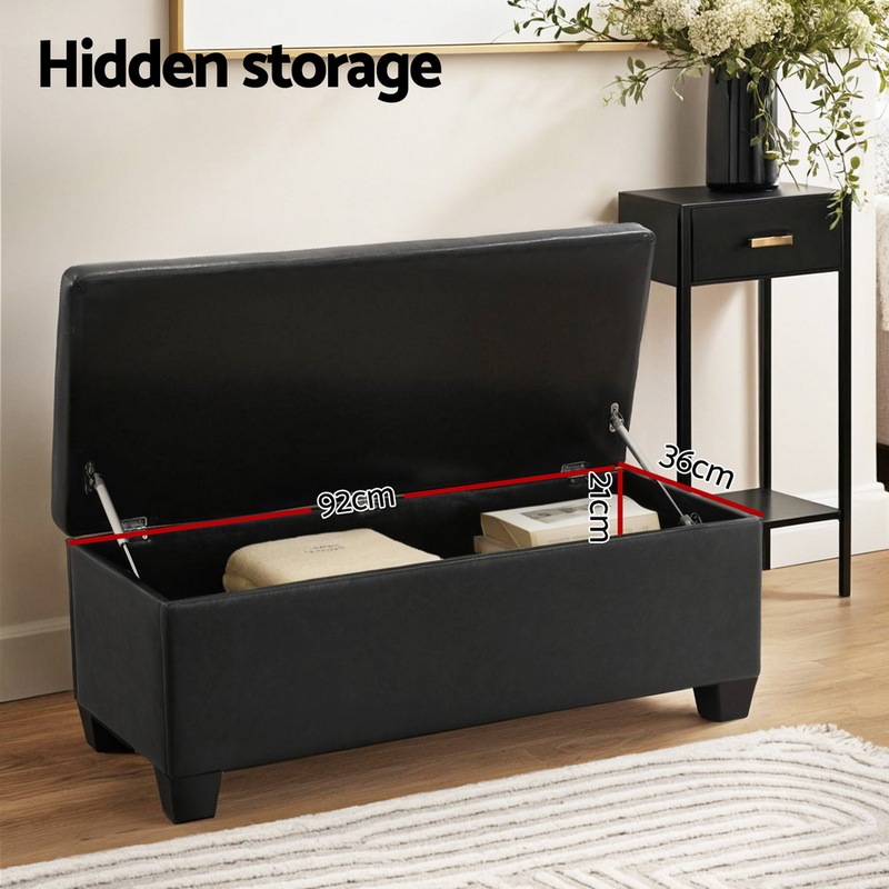 Buy Artiss Storage Ottoman Blanket Box 97cm Leather Black - MyDeal