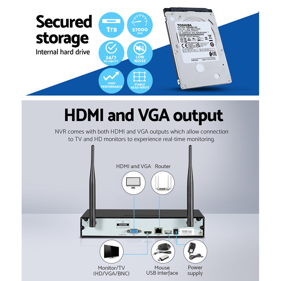 UL-Tech Wireless CCTV Security System 8CH NVR 3MP 8 Bullet Cameras 1TB