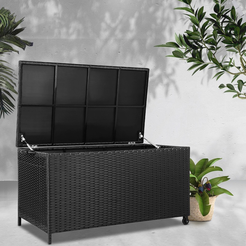 Black Wicker Outdoor Storage Bench 320L Garden Shed Toy Tool Storage Box Outdoor Bench Ottoman Wicker