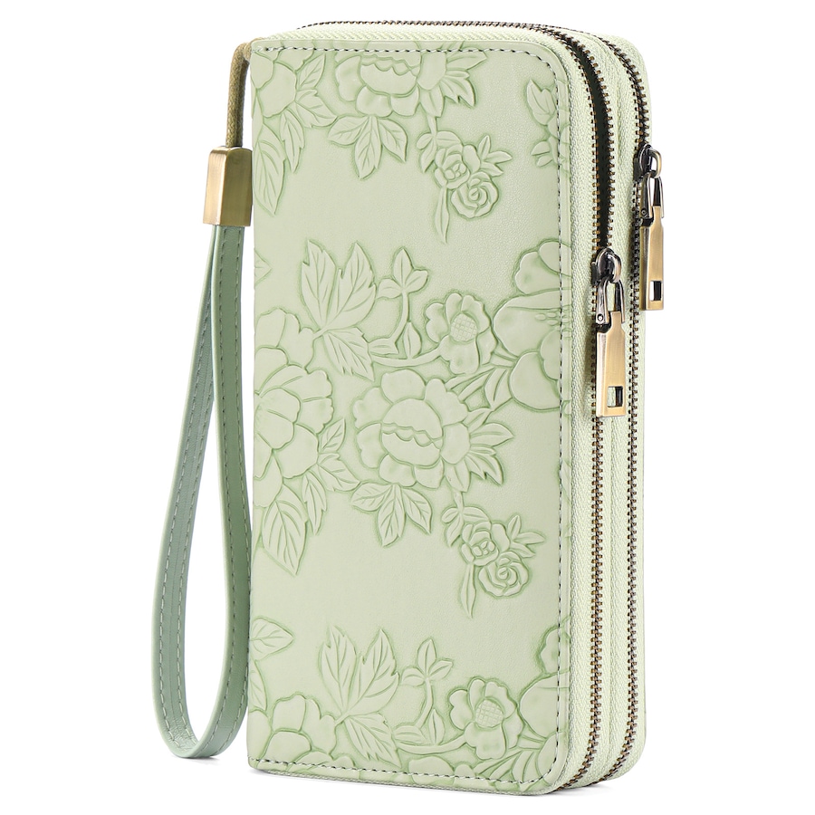 Women's Large Capacity Double Zip Wallet Clutch - PU Leather Floral Embossed Wristlet - Phone Holder with 24 Card Slots - Green