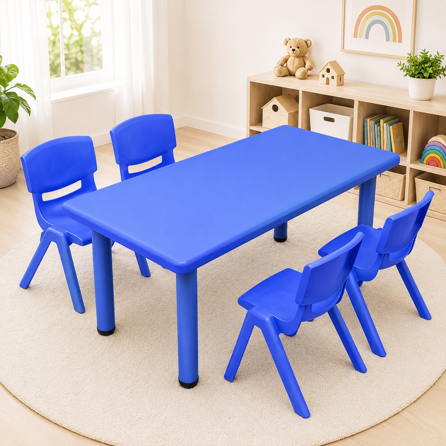 Buy 120x60cm Kids Blue Plastic Table and 4 Blue Chairs Set for ...