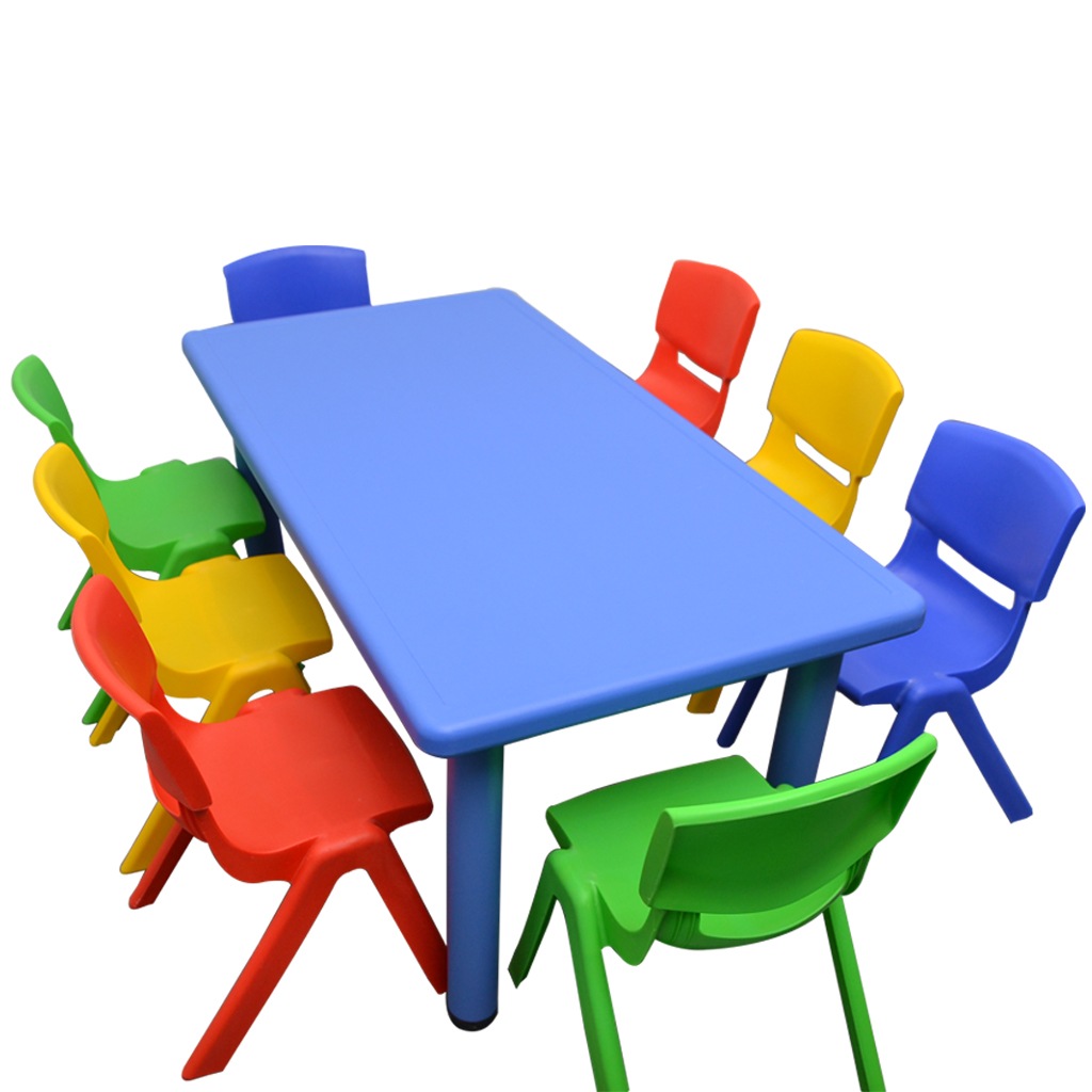 120x60cm Rectangle Blue Kid's Table and 8 Mixed Chairs