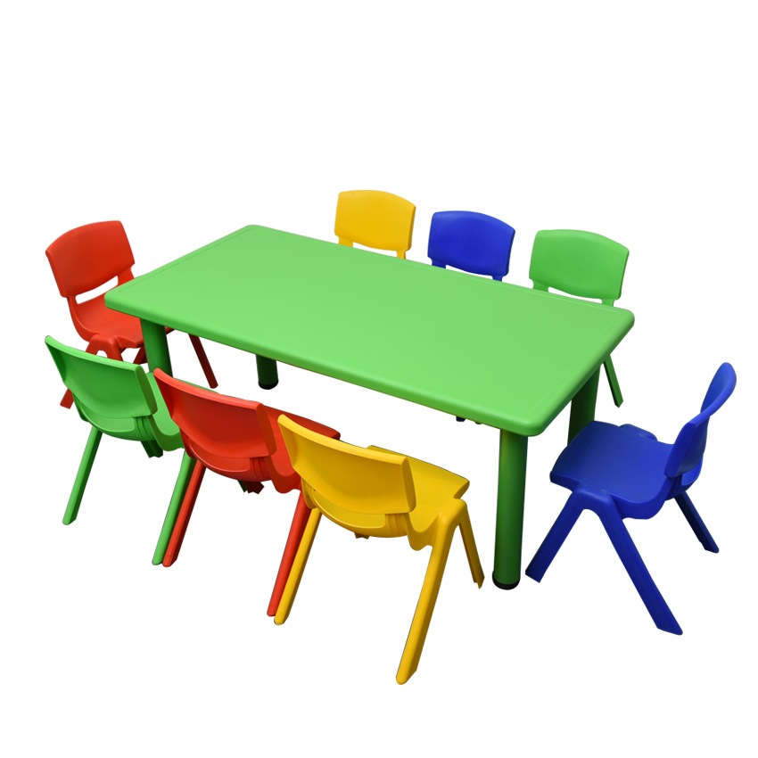 120x60cm Rectangle Green Kid's Table and 8 Mixed Chairs