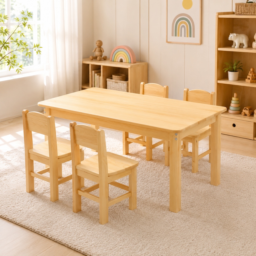 120x60cm Solid Pine Wood Wooden Kids Activity Table and 4 Woodne Chairs Set Classroom Furniture for Children