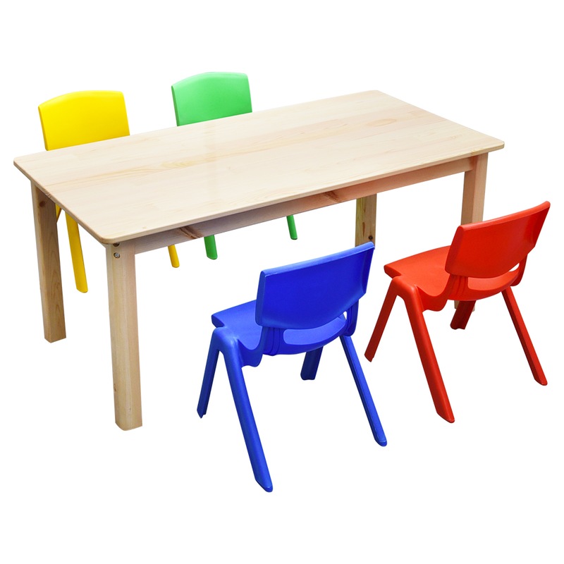 Buy 120x60cm Wooden Timber Pinewood Kids Study Table & 4 Mixed Plastic