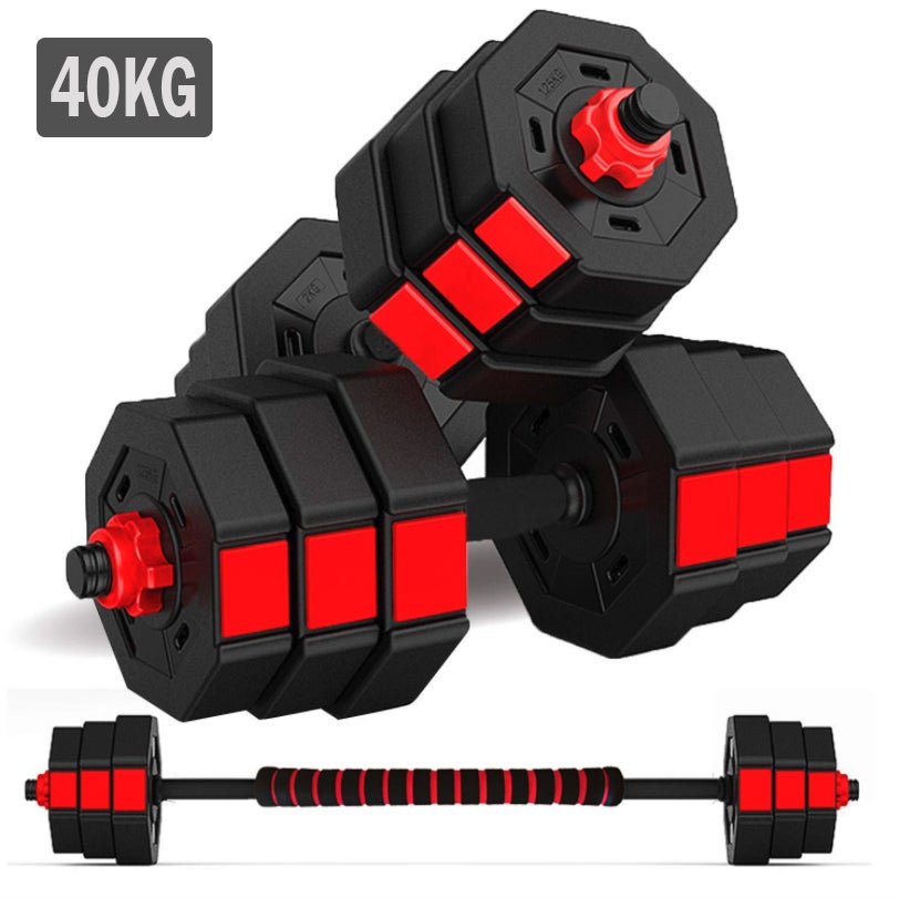 40KG Octagon Vinyl Weight Dumbbell Set with Barbell Bar Easy Clips Black Red