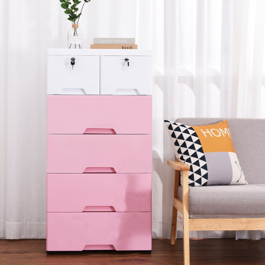 5 Tier Tallboy Dresser Chest of Drawers with Wheels Big Storage Space Pink White