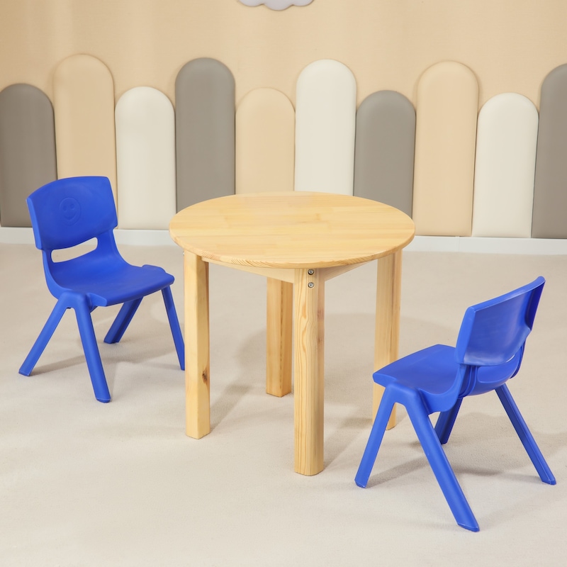 Buy 60CM Round Wooden Kids Table and 2 Blue Chairs Set Pinewood Timber ...