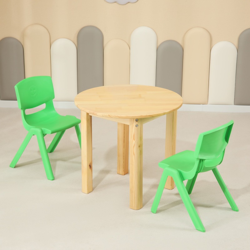 Buy 60CM Round Wooden Kids Table and 2 Green Chairs Set Pinewood Timber ...