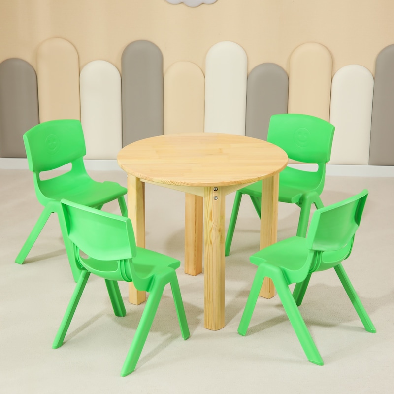 Buy 60CM Round Wooden Kids Table and 4 Green Chairs Set Pinewood Timber ...