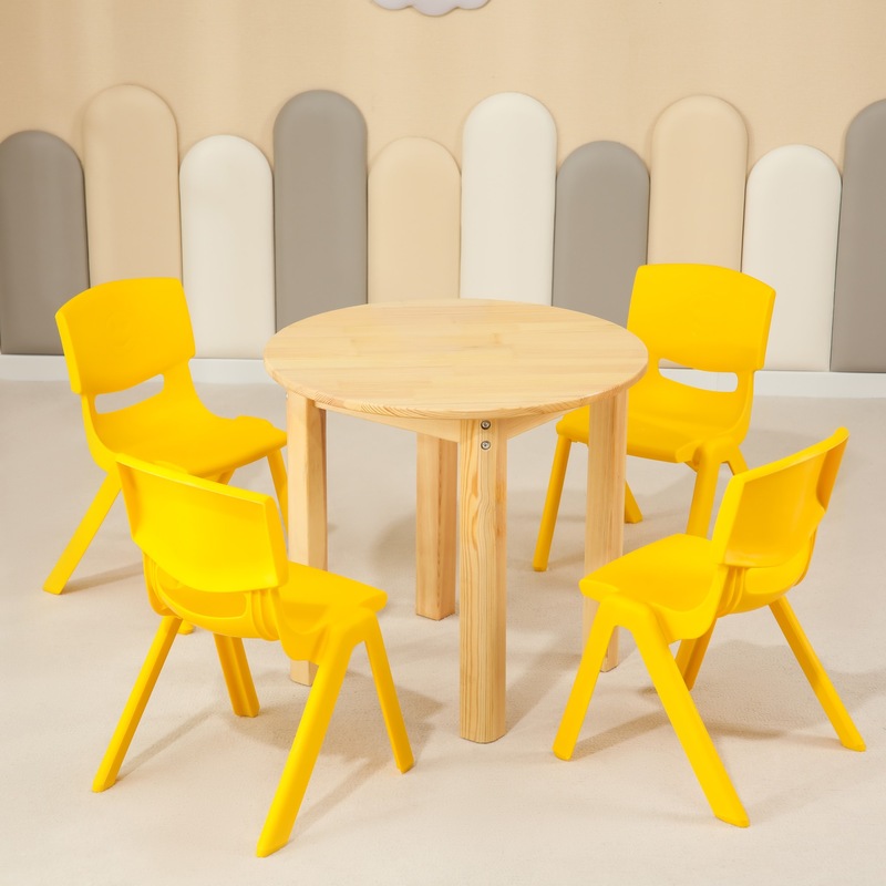 Buy 60CM Round Wooden Kids Table and 4 Yellow Chairs Set Pinewood ...