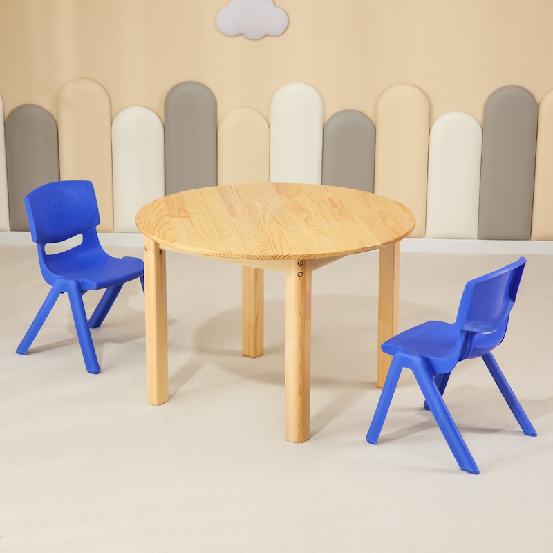 Buy 80CM Round Wooden Kids Table and 2 Blue Chairs Set Pinewood Timber ...