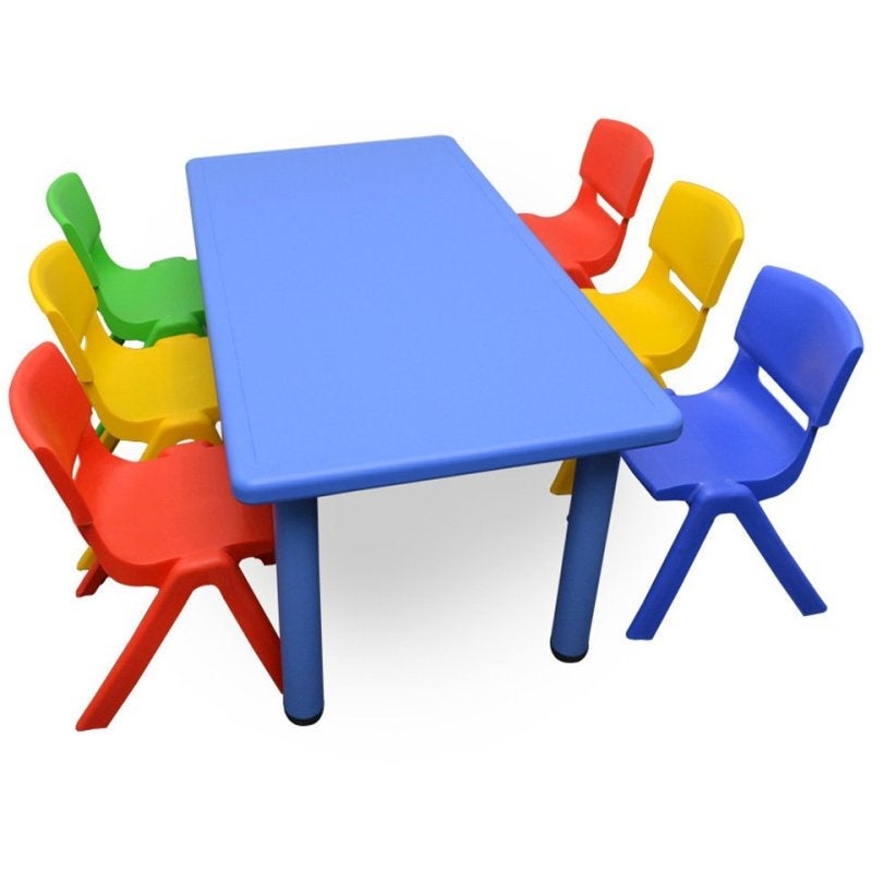 Adjustable Blue Rectangle Kid's Table with 6 Chairs