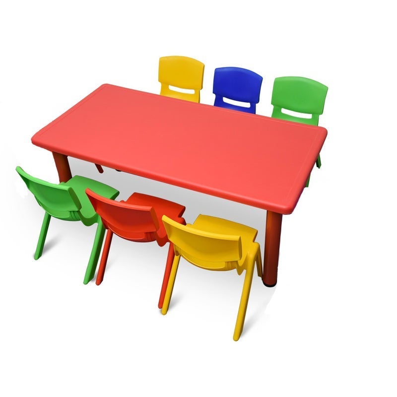 Adjustable Large Red Kid's Table with 6 Mixed Chairs