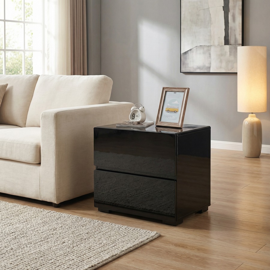 High Gloss Wooden Wood Solid Quality Bedside Side Table Nightstand with 2 Big Drawers Black