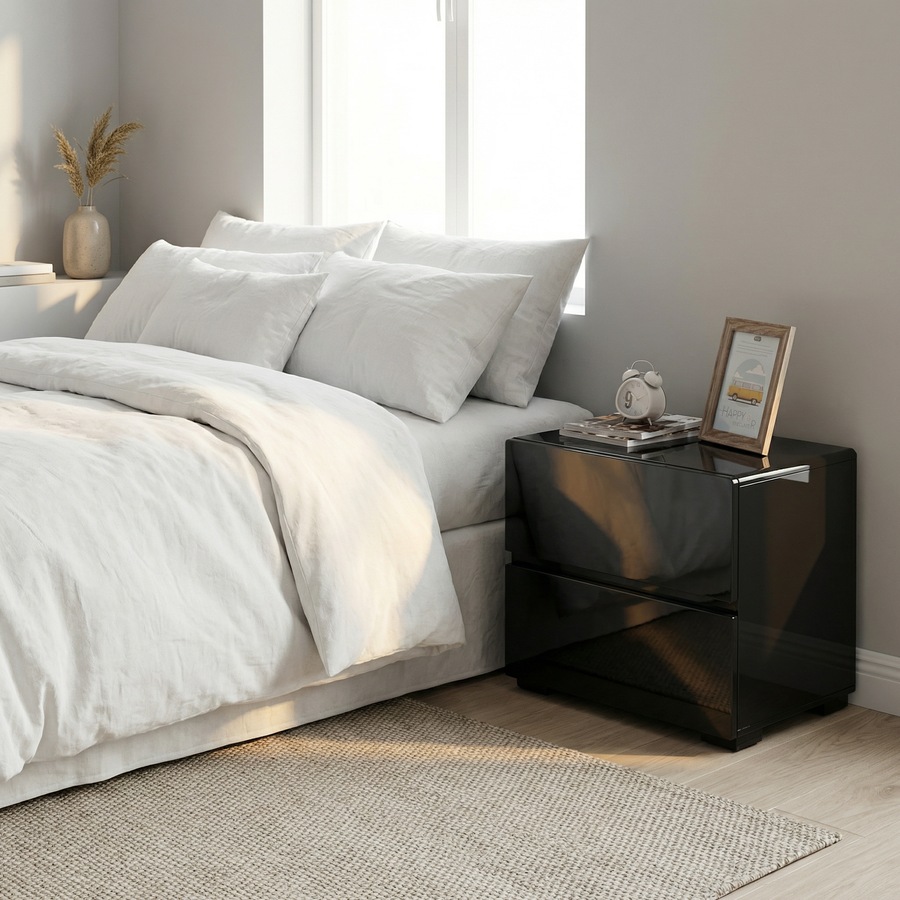 High Gloss Wooden Wood Solid Quality Bedside Side Table Nightstand with 2 Big Drawers Black