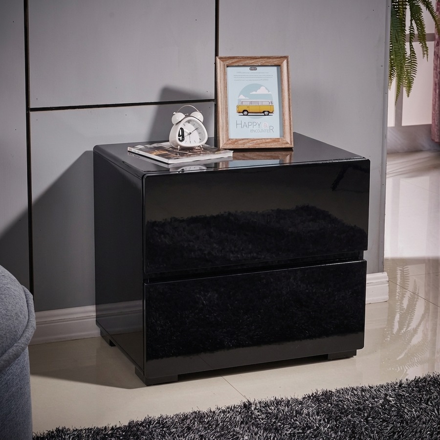 High Gloss Wooden Wood Solid Quality Bedside Side Table Nightstand with 2 Big Drawers Black