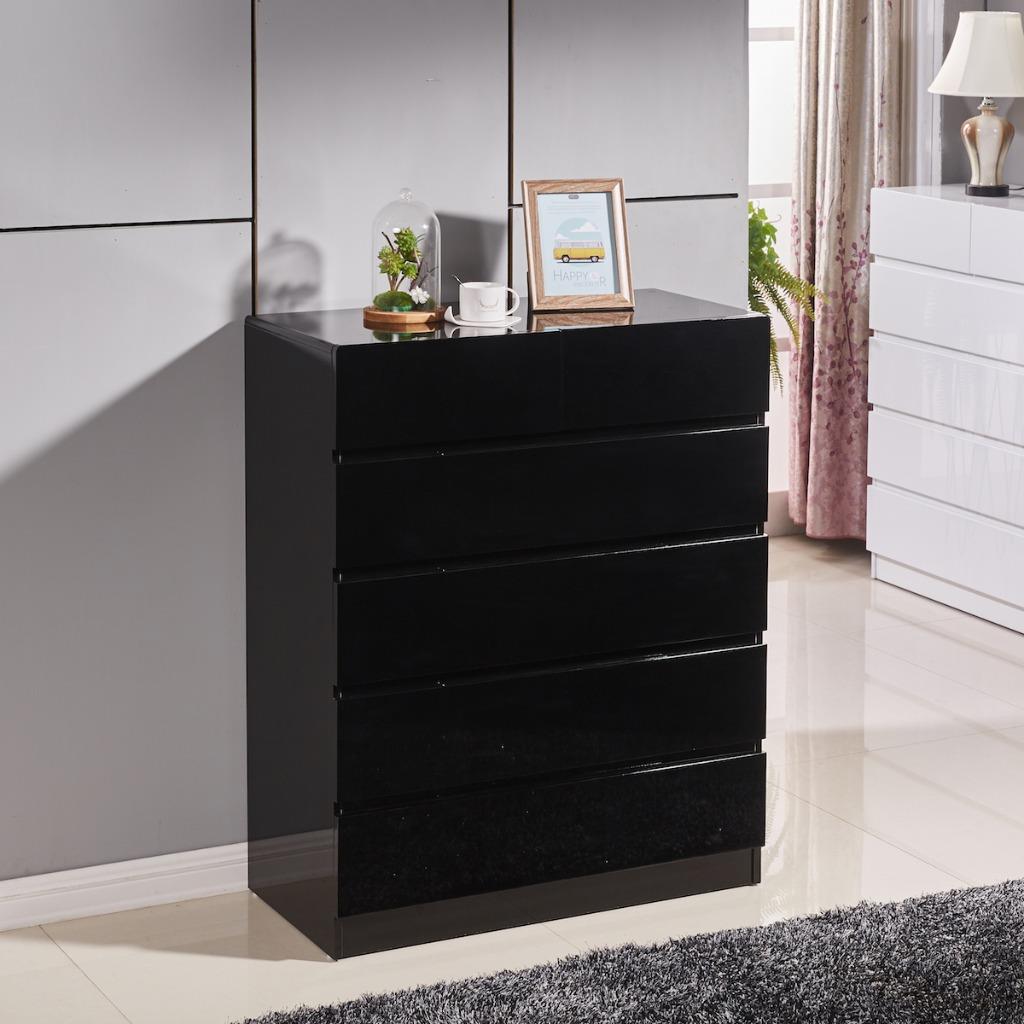 High Gloss Piano Finish Tallboy Cabinet with 6 Drawers Black