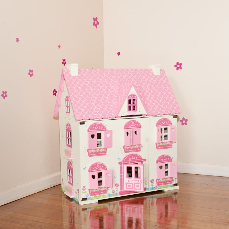 Pink Flower Wooden Doll House Set with Furniture