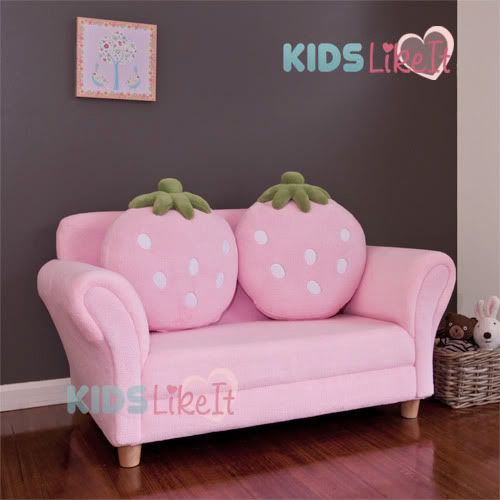 Girls PINK 2 Seat Wooden STRAWBERRY SOFA COUCH Kids ARM CHAIR w/ CUSHION PINK