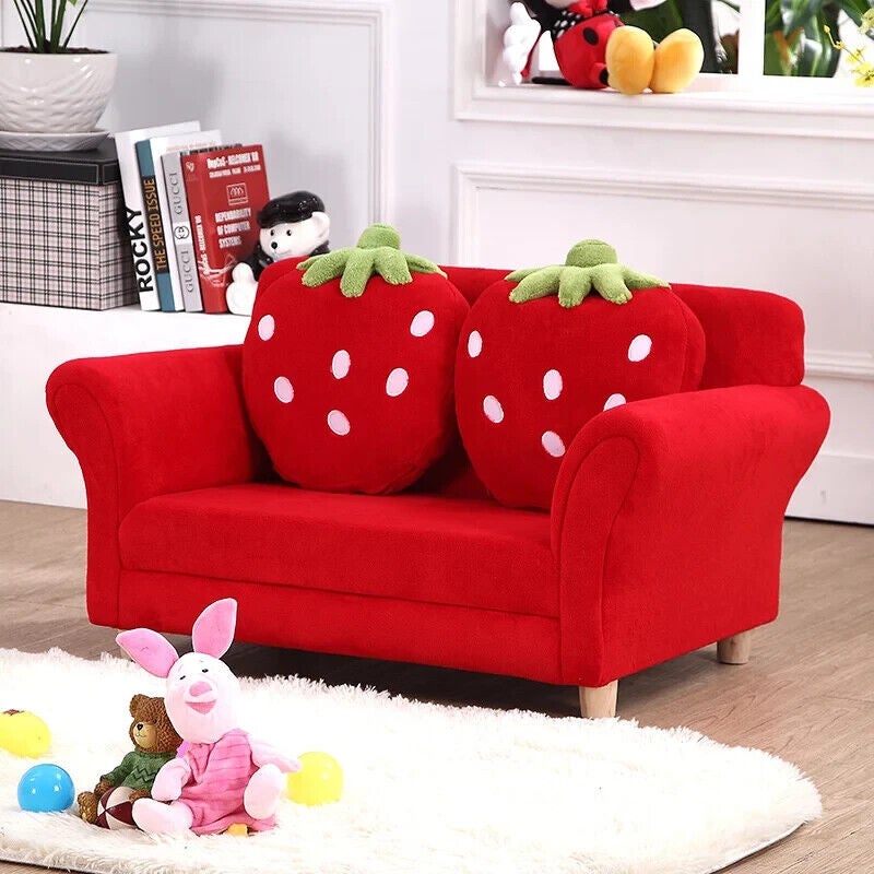 Girls PINK 2 Seat Wooden STRAWBERRY SOFA COUCH Kids ARM CHAIR w/ CUSHION RED