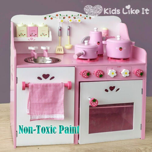 Kids Pink Wooden Strawberry Kitchen Pretend Play Set