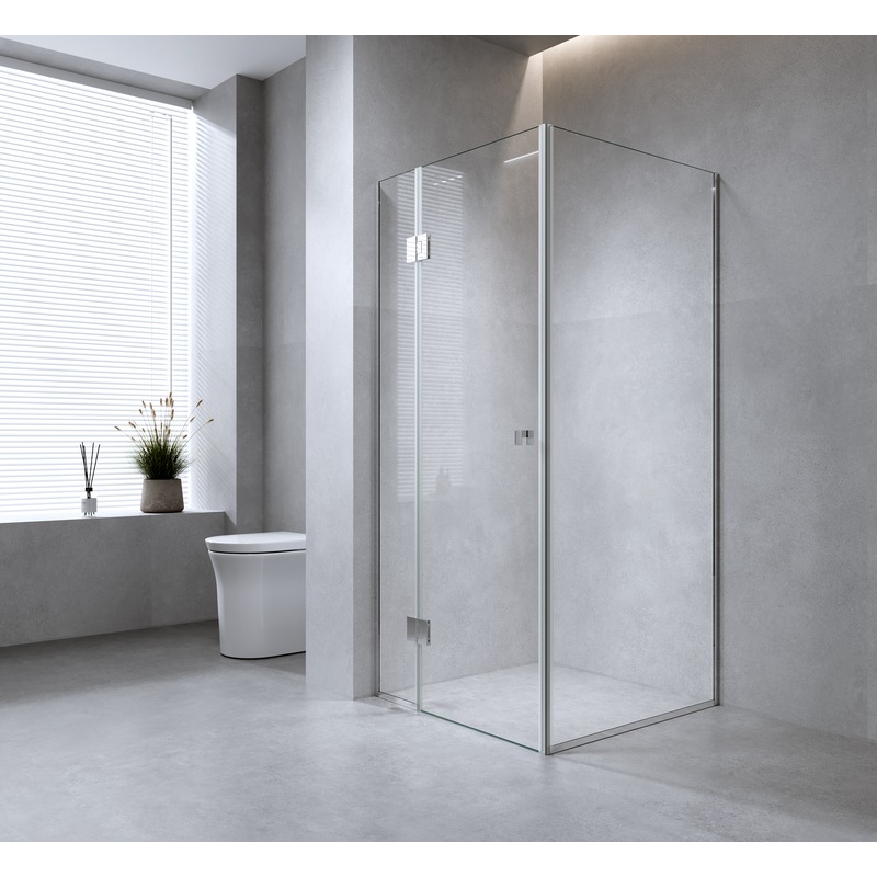 100x80cm Corner Frameless Shower Screen ??Chrome Wall & Floor Channel with Brass Hinges & Round Knob Handle main image 0