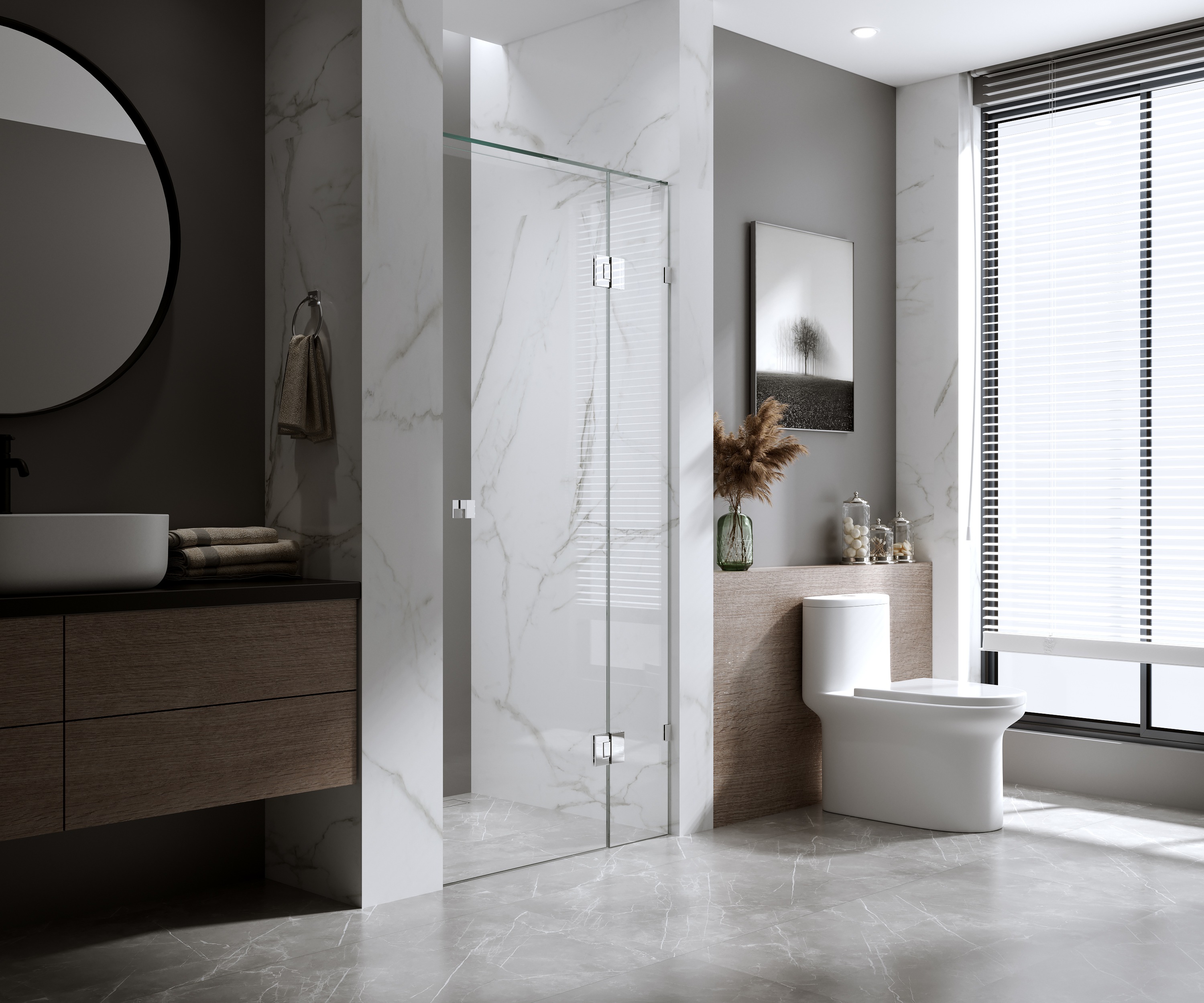 110cm Wall-to-Wall Frameless Shower Screen  White F-Brackets with SS Hinges & Square Double Pull Handle