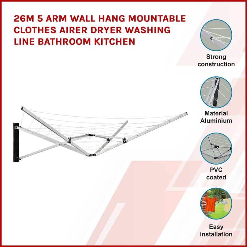 5 ARM 26M FOLDING WALL MOUNTED CLOTHES AIRER DRYER WASHING LINE