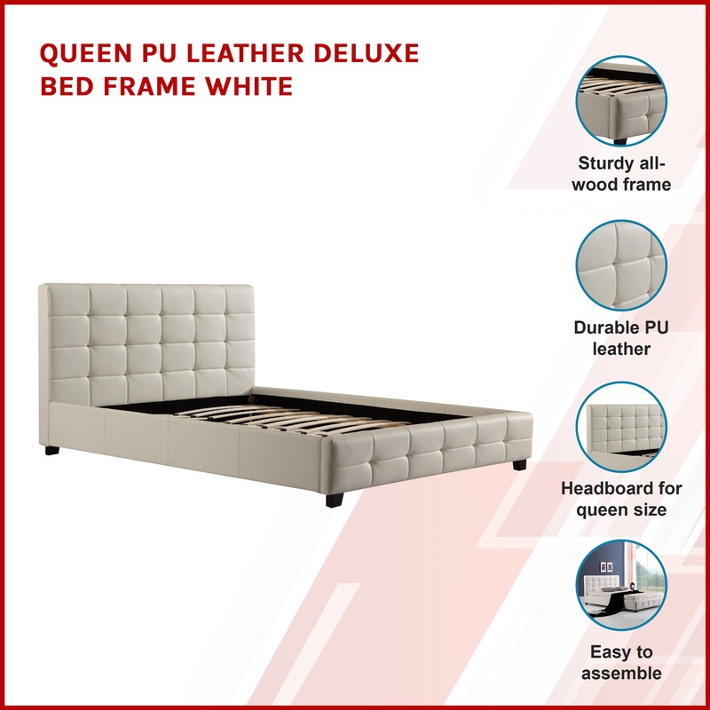 Buy Queen PU Leather Deluxe Bed Frame White MyDeal