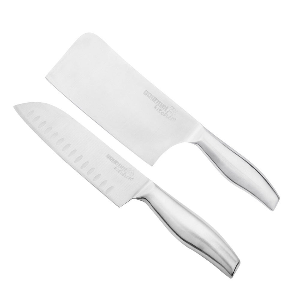Gourmet Kitchen 2 Piece Stainless Steel Chef Knife Set - Santoku & Clever - Silver