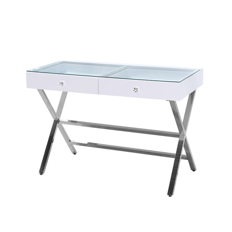2 Drawers Clear Glass Top Table White, Glass Top Vanity Table