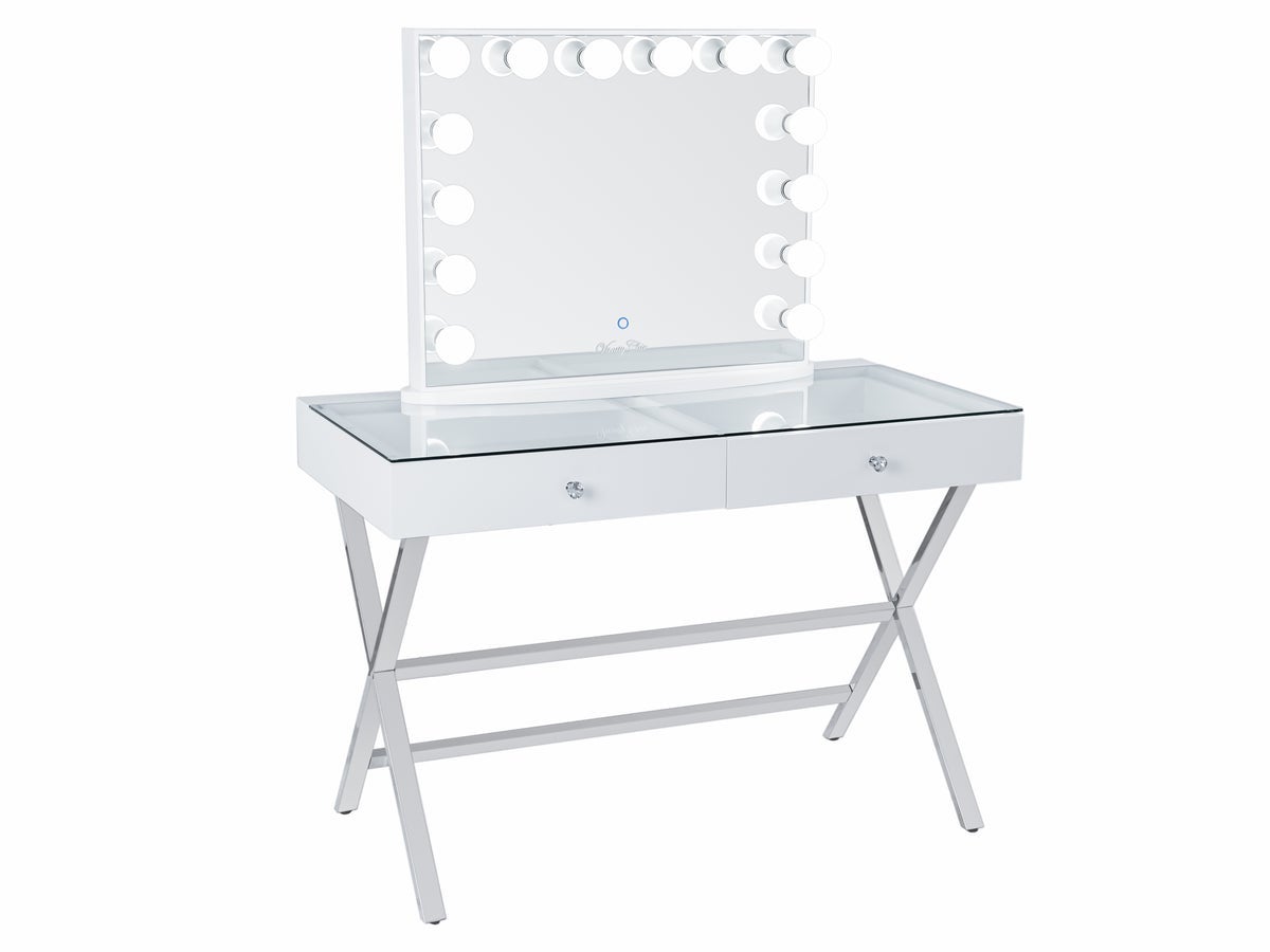 2 Drawers Coco Makeup Table with Clear Glass Top + YSABEL Frameless Hollywood Makeup Mirror with Sensor Dimmer