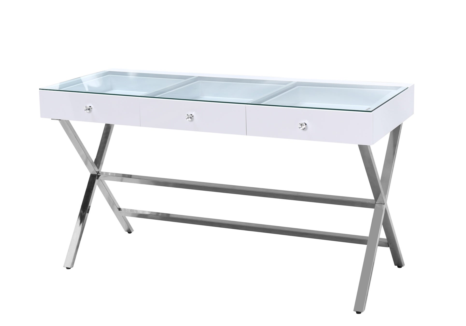 3 Drawers Clear Glass Top Table - White
