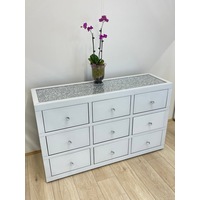9 Drawers Mirrored Chest with Crystal Top in White