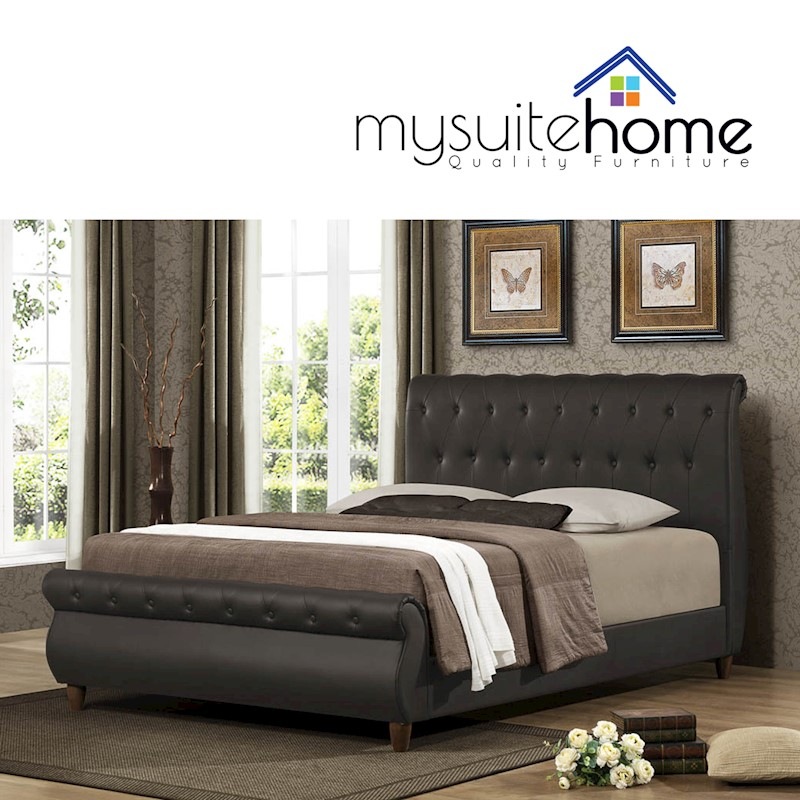 Ansel Classic Chesterfield Sleigh Matte Brown King Pu Leather Bed Frame My King Pu Leather Bed Frame, King Size Leather Sleigh Bed Frame