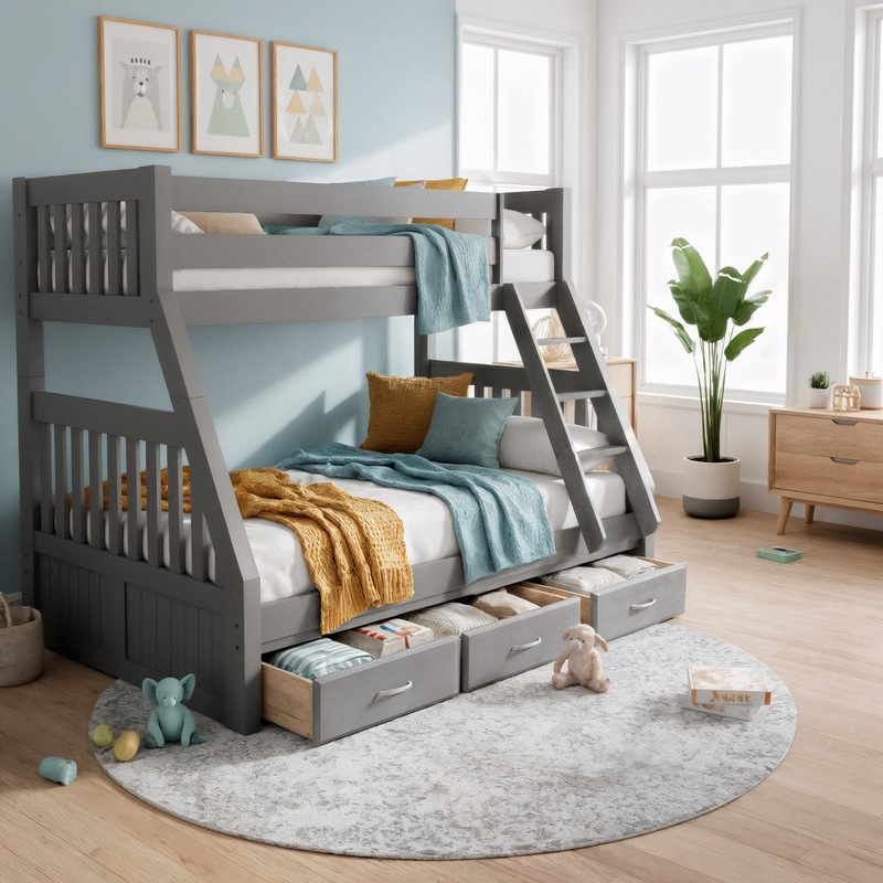 Buy Cornelia Solid Pine Triple Bunk Bed w/ Storage Grey MyDeal