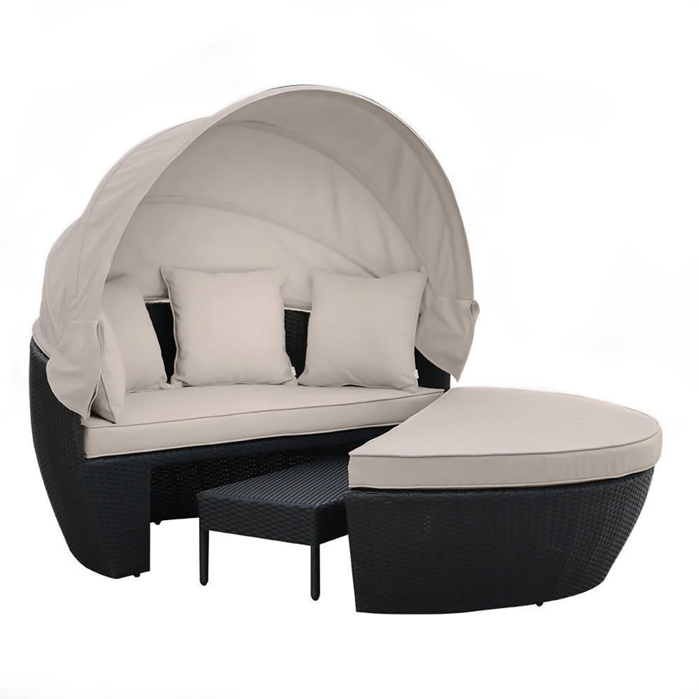 Erith Wicker Outdoor Furniture Day Bed w/ Canopy Cream/Black