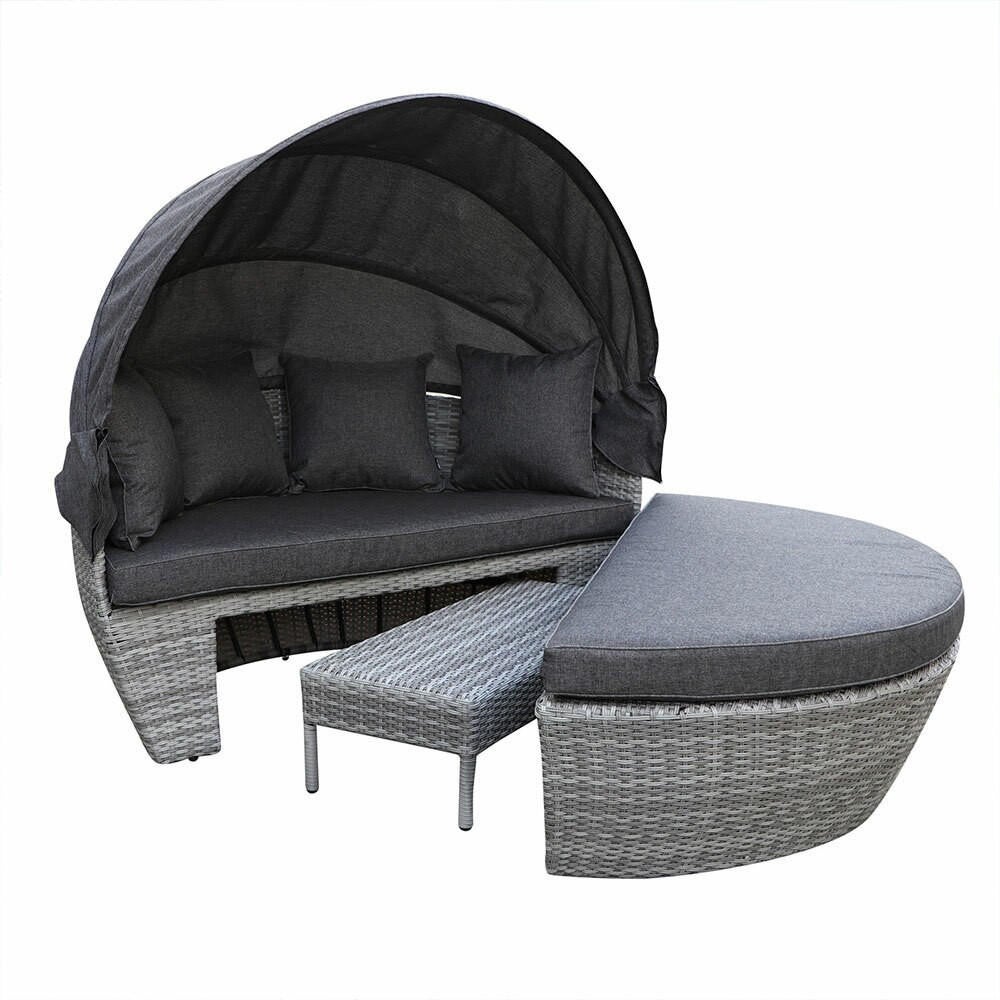 Erith Wicker Outdoor Furniture Day Bed w/ Canopy Brown/Grey