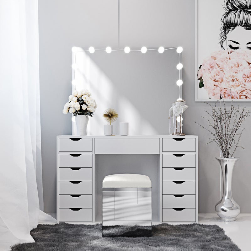 Farrah Hollywood Dresser With Lights, Vanity Table With Hollywood Lights